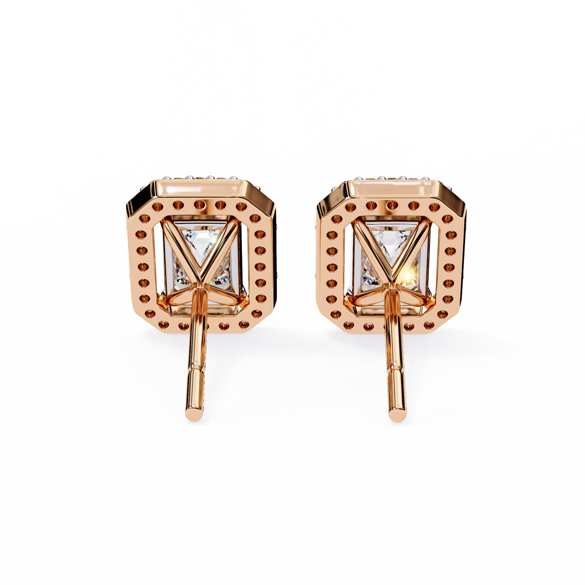 Rose Gold Emerald Cut Diamond Rectangular Halo Stud Earrings