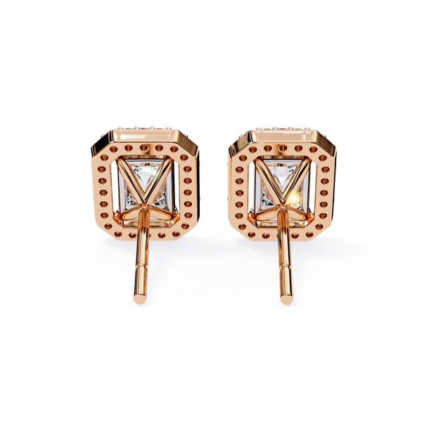 Rose Gold Emerald Cut Diamond Rectangular Halo Stud Earrings