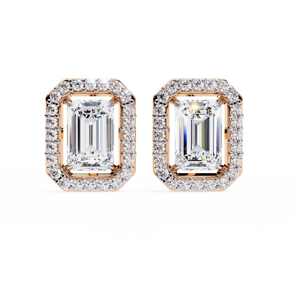 Rose Gold Emerald Cut Diamond Rectangular Halo Stud Earrings
