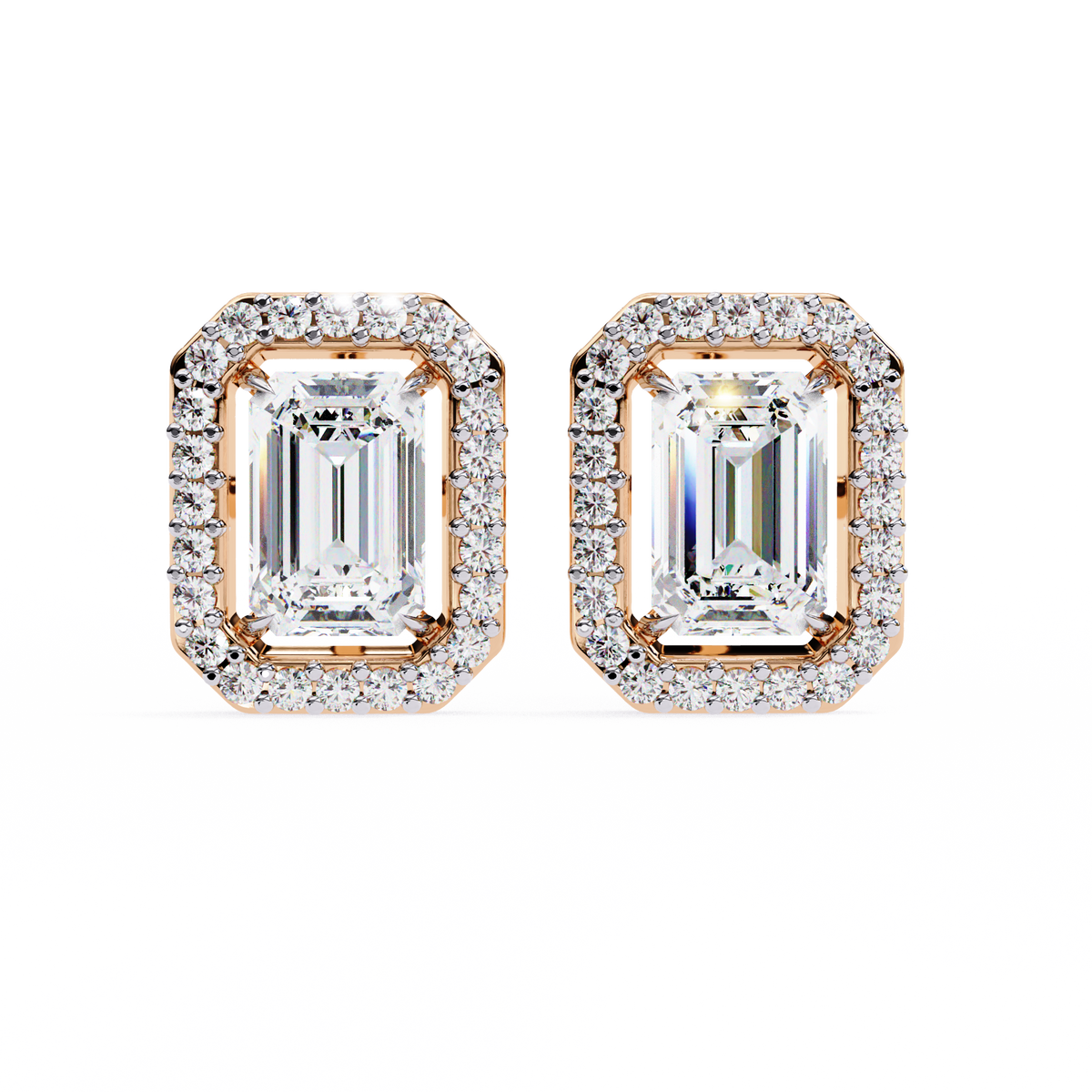 Rose Gold Emerald Cut Diamond Rectangular Halo Stud Earrings