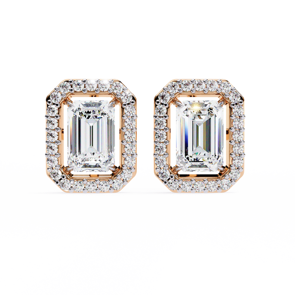 Rose Gold Emerald Cut Diamond Rectangular Halo Stud Earrings
