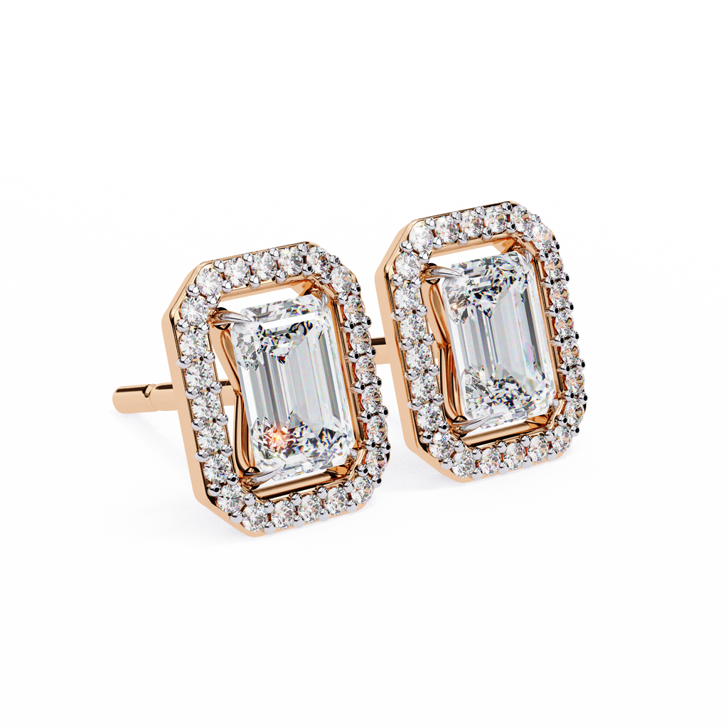 Rose Gold Emerald Cut Diamond Rectangular Halo Stud Earrings