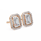 Rose Gold Emerald Cut Diamond Rectangular Halo Stud Earrings