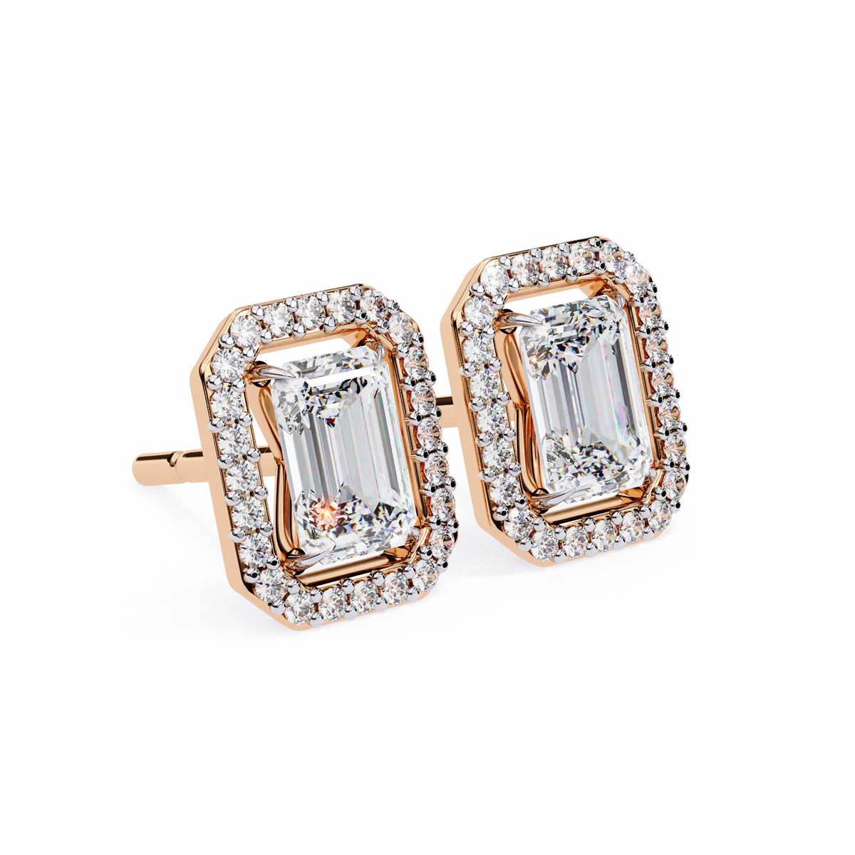Rose Gold Emerald Cut Diamond Rectangular Halo Stud Earrings