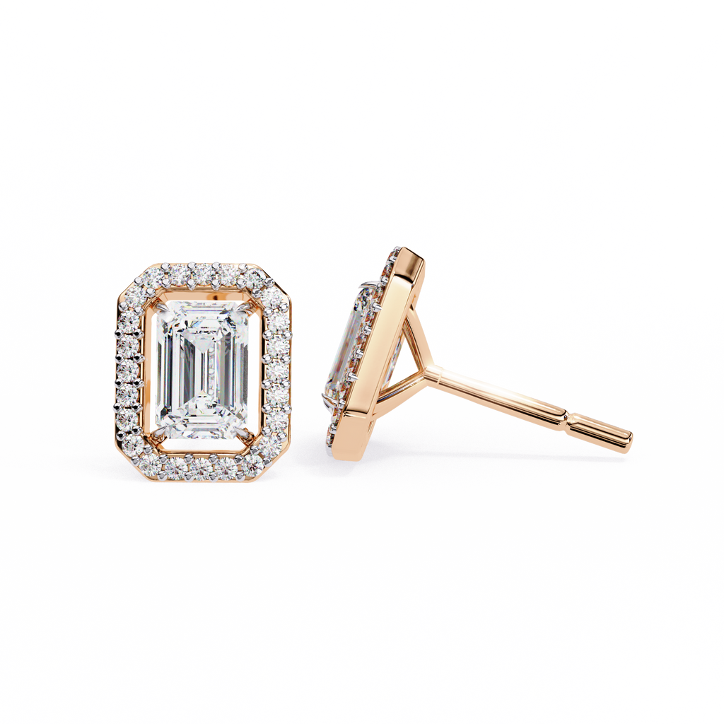 Rose Gold Emerald Cut Diamond Rectangular Halo Stud Earrings