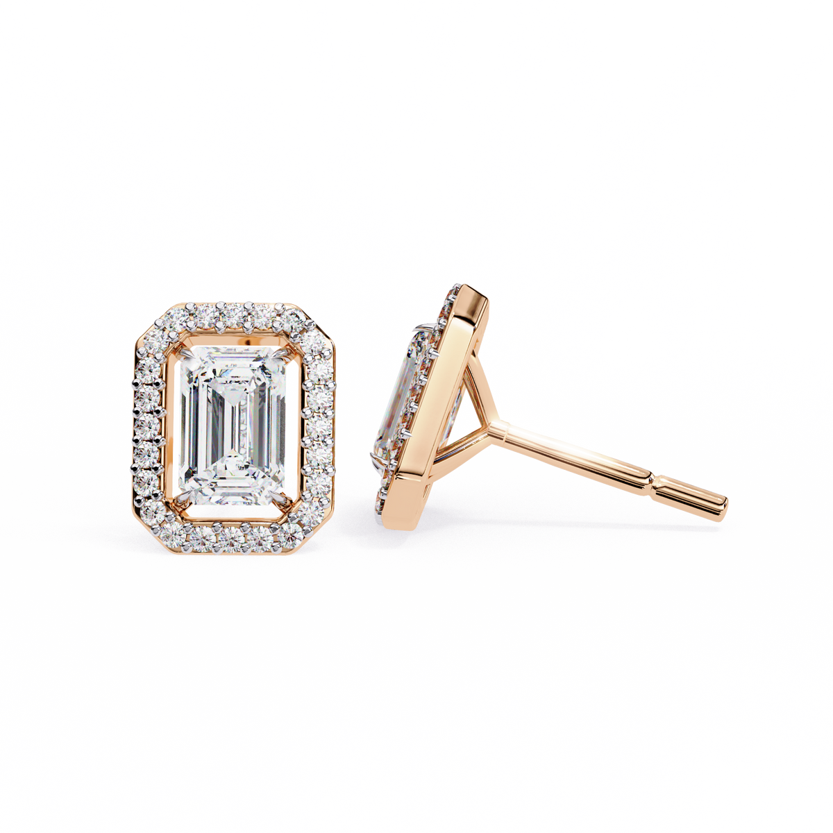Rose Gold Emerald Cut Diamond Rectangular Halo Stud Earrings