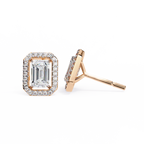 Rose Gold Emerald Cut Diamond Rectangular Halo Stud Earrings