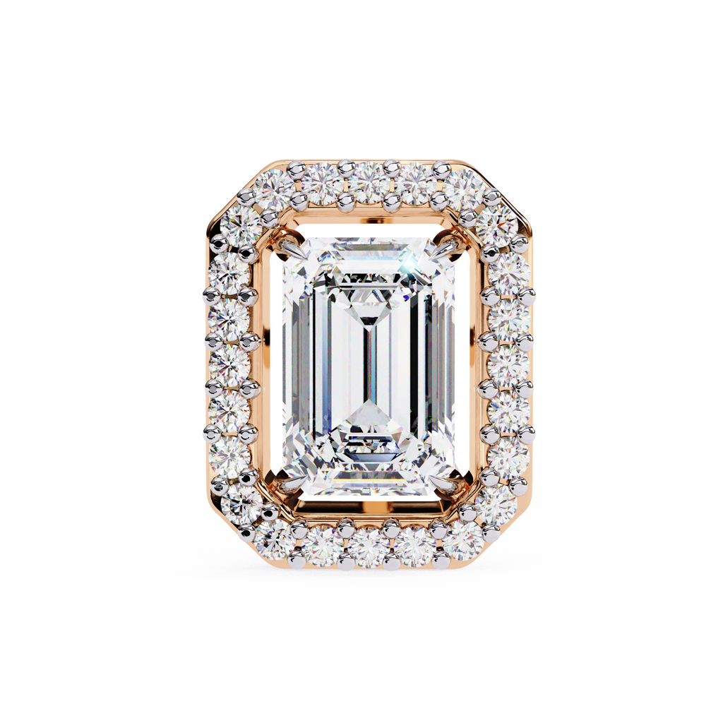 Rose Gold Emerald Cut Diamond Rectangular Halo Stud Earrings