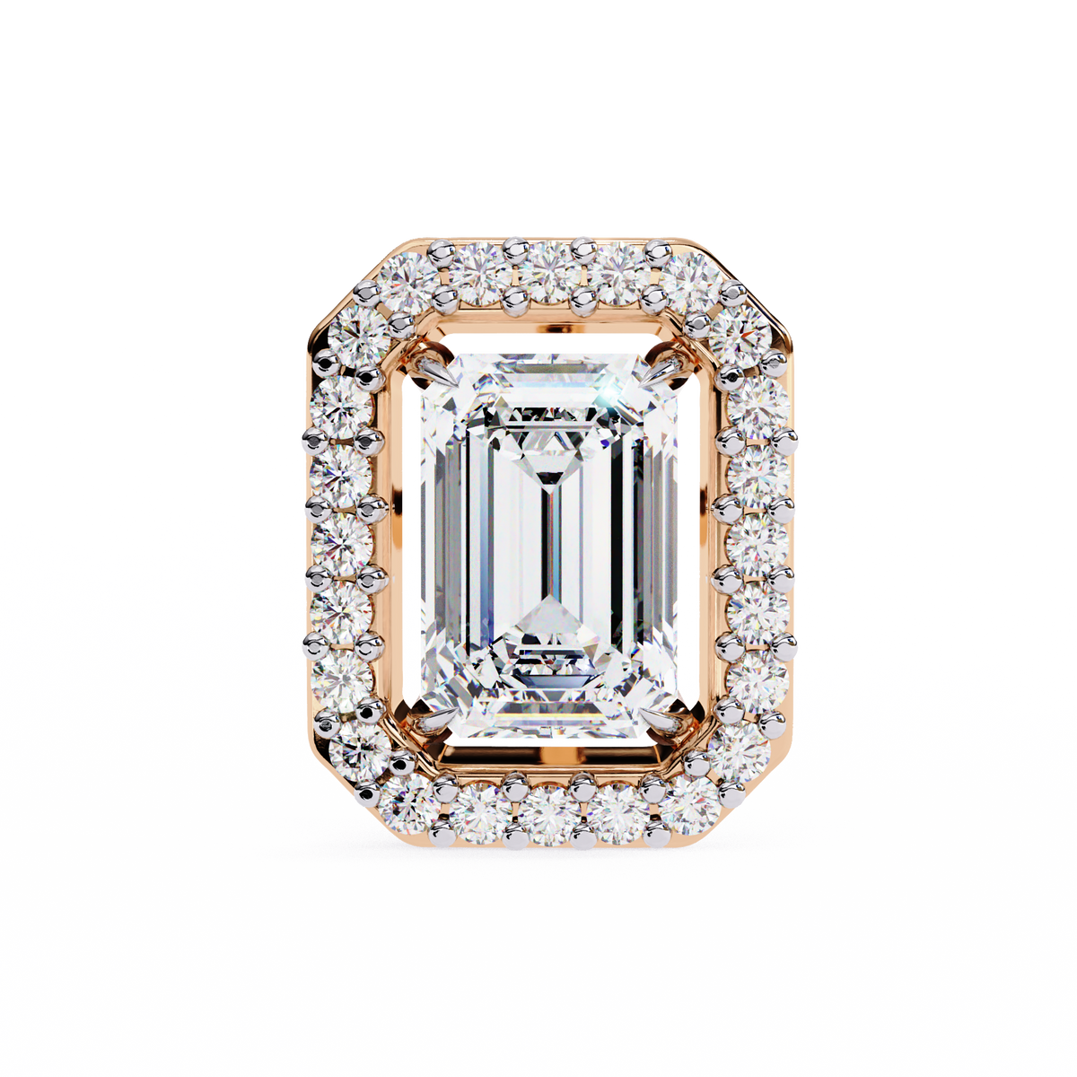Rose Gold Emerald Cut Diamond Rectangular Halo Stud Earrings