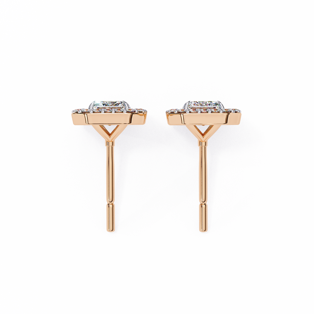 Rose Gold Emerald Cut Diamond Rectangular Halo Stud Earrings