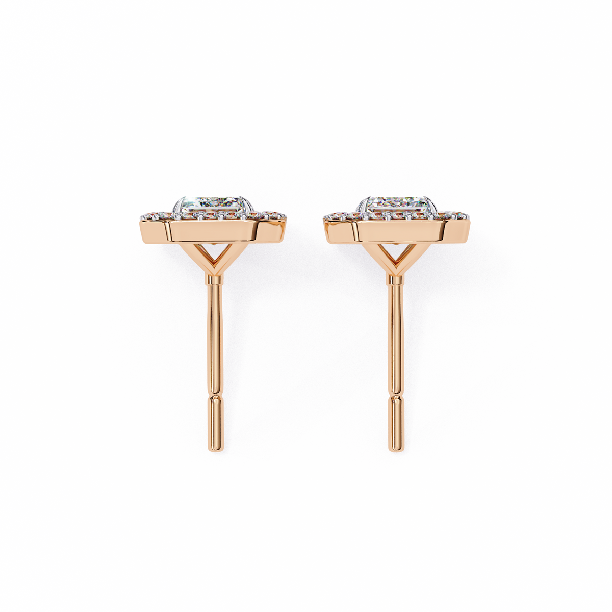Rose Gold Emerald Cut Diamond Rectangular Halo Stud Earrings
