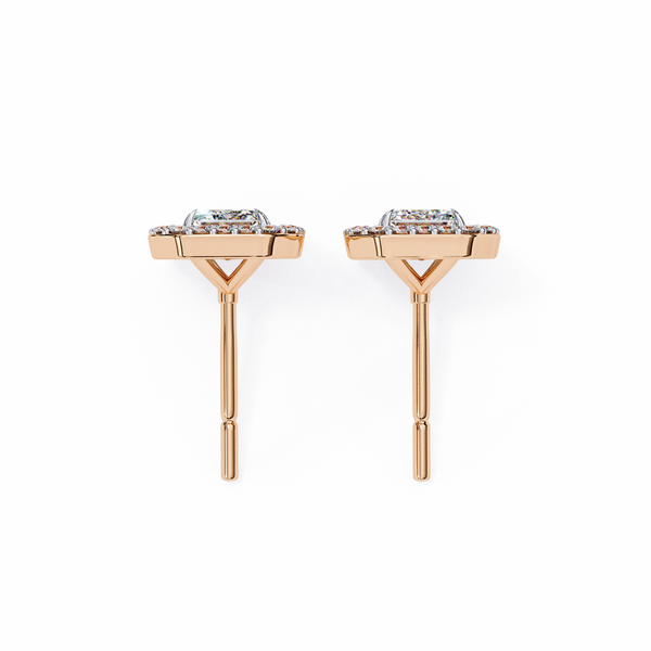 Rose Gold Emerald Cut Diamond Rectangular Halo Stud Earrings