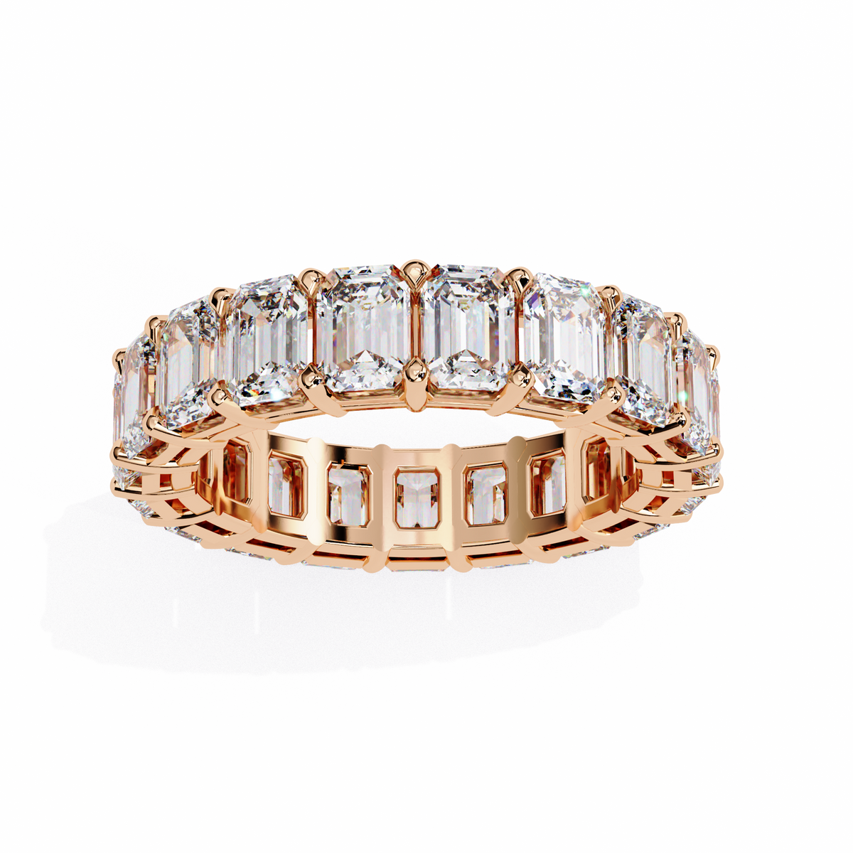 Rose Gold Emerald-Cut Diamond Shared Prong Full Eternity Band Ring