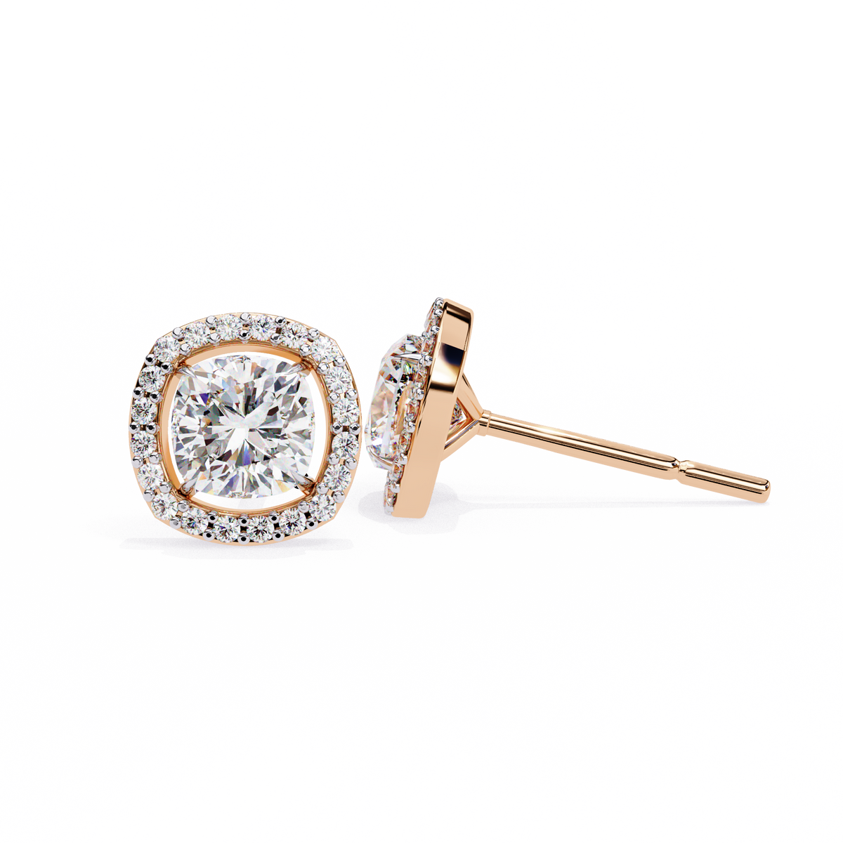 Rose Gold Cushion Cut Diamond Square Halo Stud Earrings