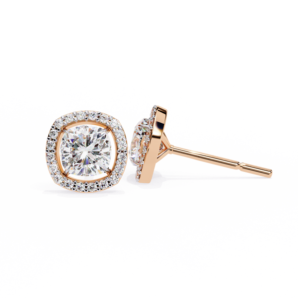 Rose Gold Cushion Cut Diamond Square Halo Stud Earrings
