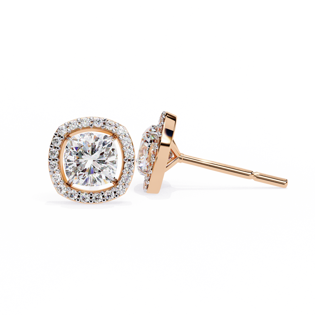 Rose Gold Cushion Cut Diamond Square Halo Stud Earrings