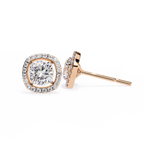 Rose Gold Cushion Cut Diamond Square Halo Stud Earrings
