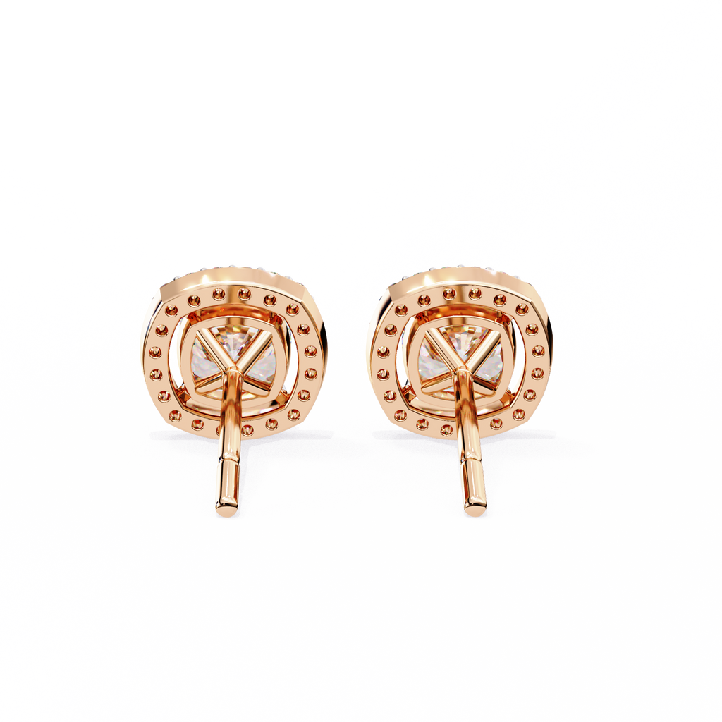 Rose Gold Cushion Cut Diamond Square Halo Stud Earrings