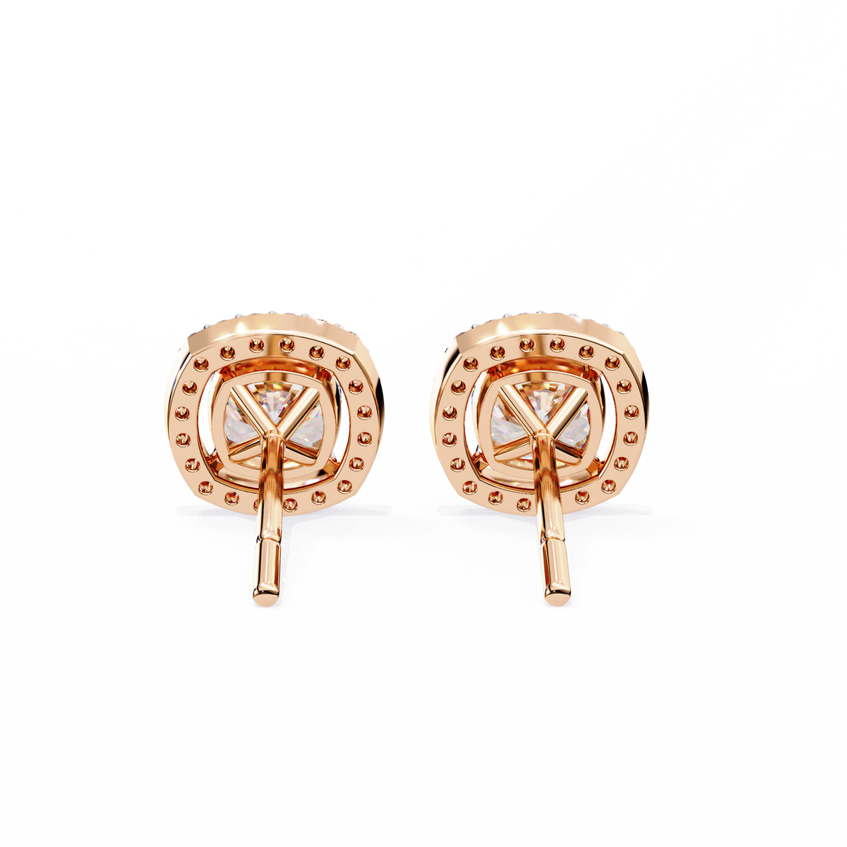 Rose Gold Cushion Cut Diamond Square Halo Stud Earrings