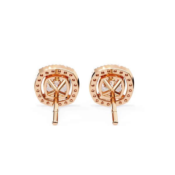 Rose Gold Cushion Cut Diamond Square Halo Stud Earrings