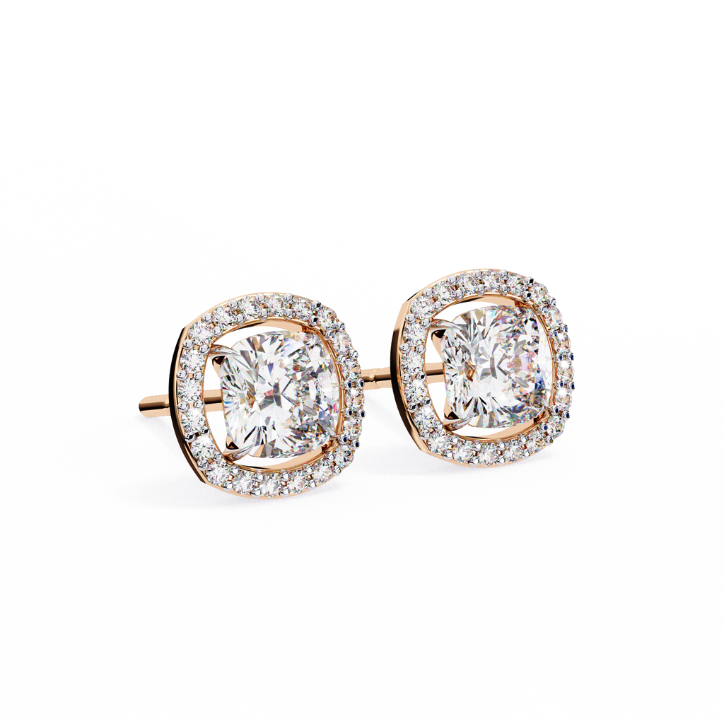 Rose Gold Cushion Cut Diamond Square Halo Stud Earrings