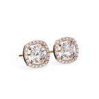 Rose Gold Cushion Cut Diamond Square Halo Stud Earrings