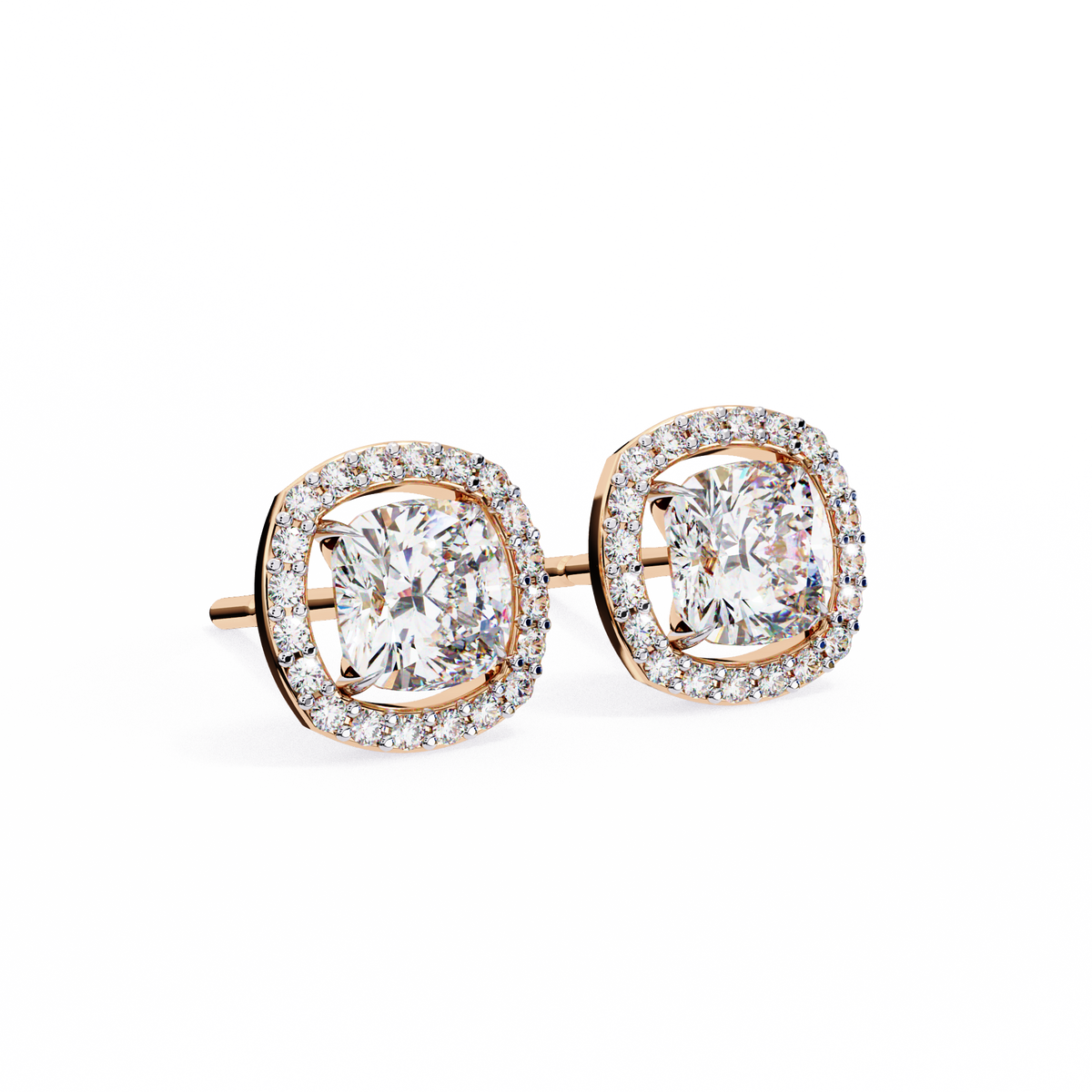 Rose Gold Cushion Cut Diamond Square Halo Stud Earrings