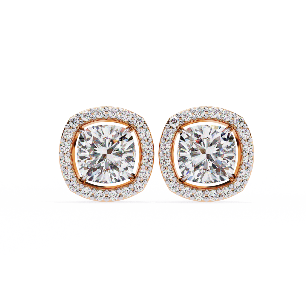 Rose Gold Cushion Cut Diamond Square Halo Stud Earrings