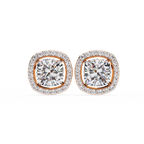 Rose Gold Cushion Cut Diamond Square Halo Stud Earrings