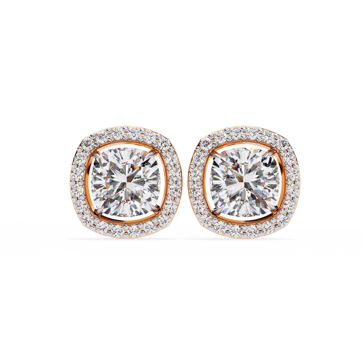 Rose Gold Cushion Cut Diamond Square Halo Stud Earrings