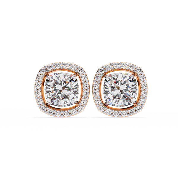 Rose Gold Cushion Cut Diamond Square Halo Stud Earrings