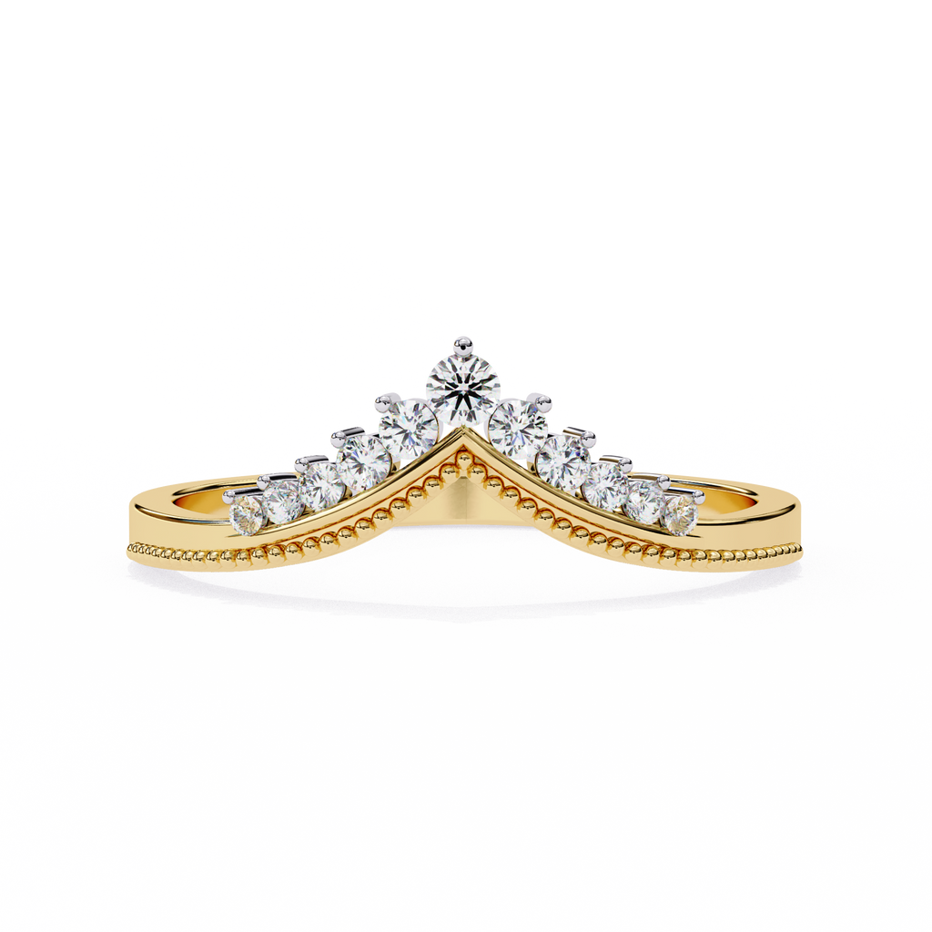 Yellow Gold Milgrain Crown Chevron Diamond Band Ring