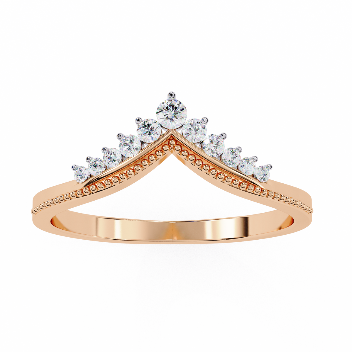 Rose Gold Round Diamond Crown Tiara Milgrain Band Ring