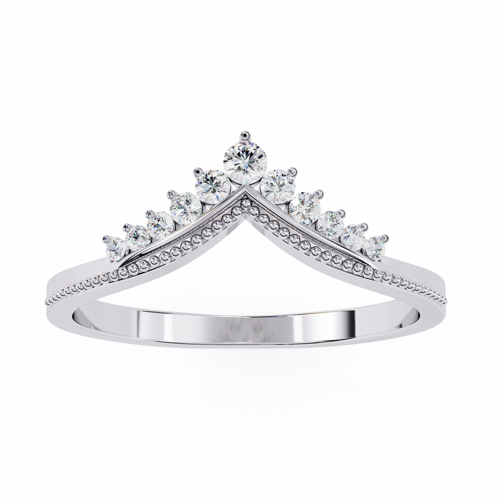 White Gold Round Diamond Crown Tiara Milgrain Band Ring