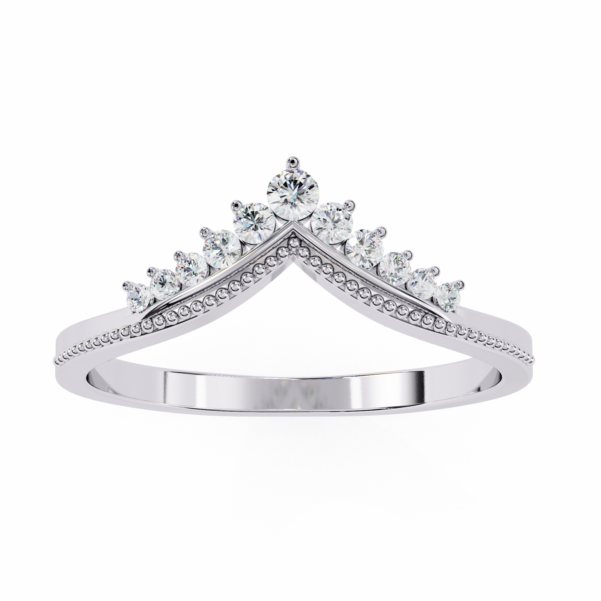 White Gold Round Diamond Crown Tiara Milgrain Band Ring
