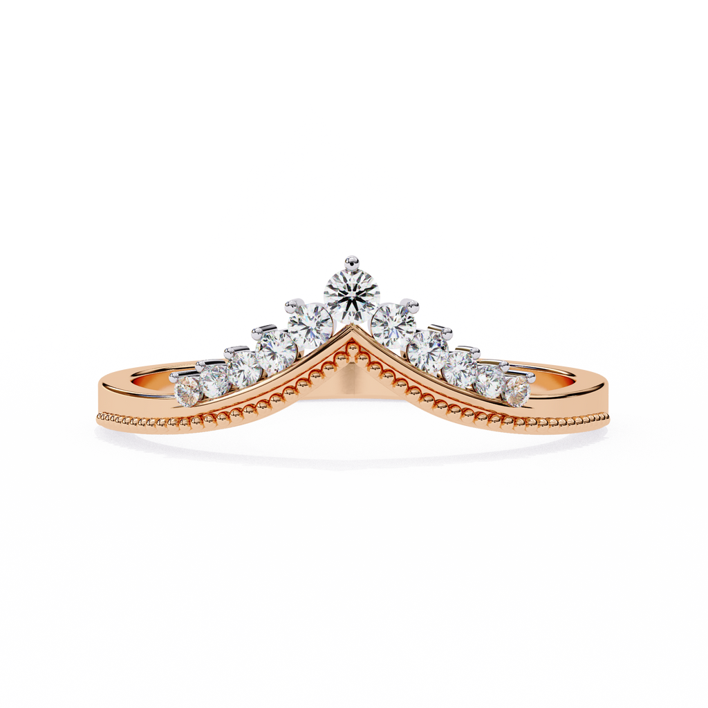 Rose Gold Round Diamond Crown Tiara Milgrain Band Ring