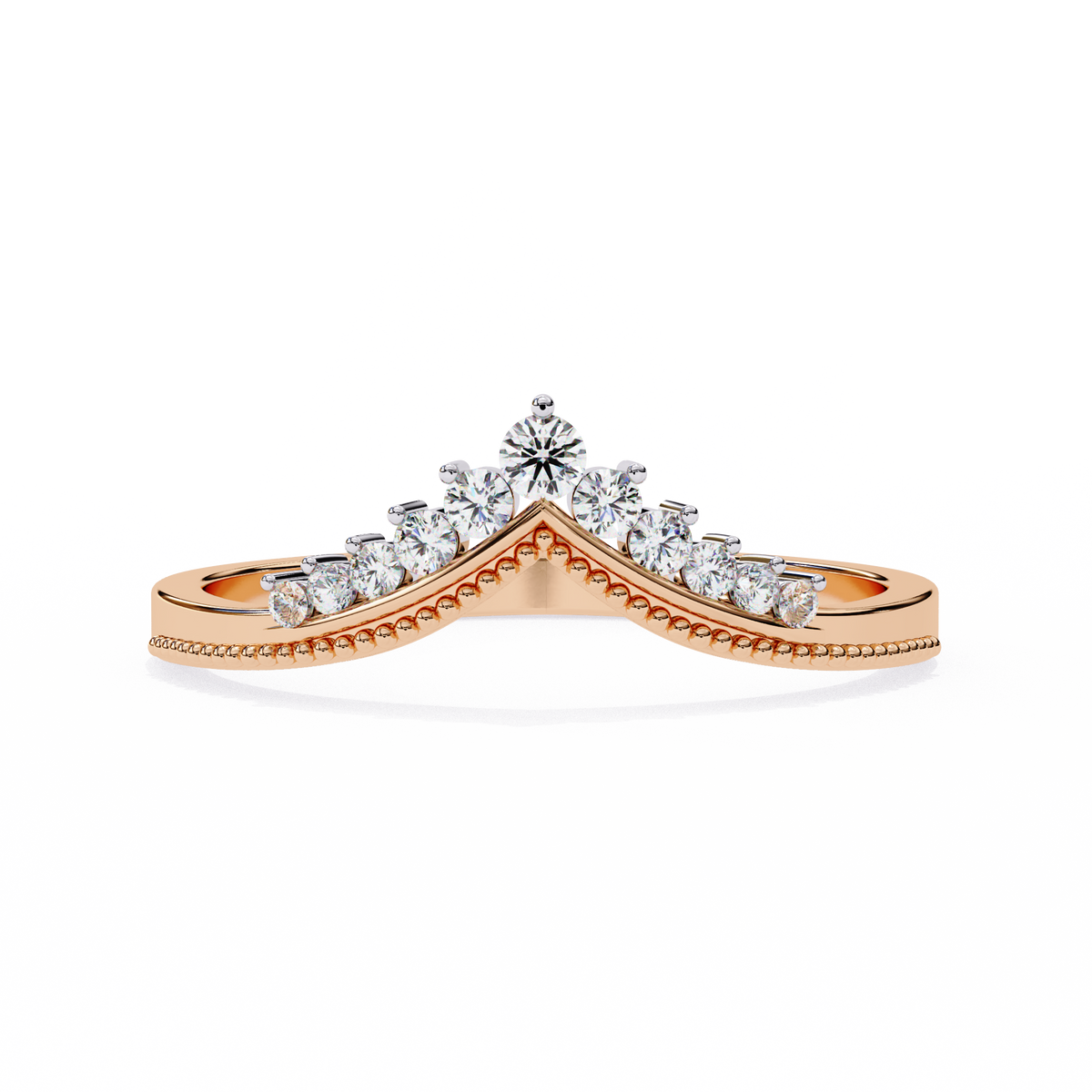 Rose Gold Round Diamond Crown Tiara Milgrain Band Ring