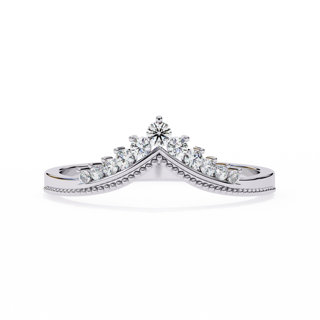 White Gold Round Diamond Crown Tiara Milgrain Band Ring