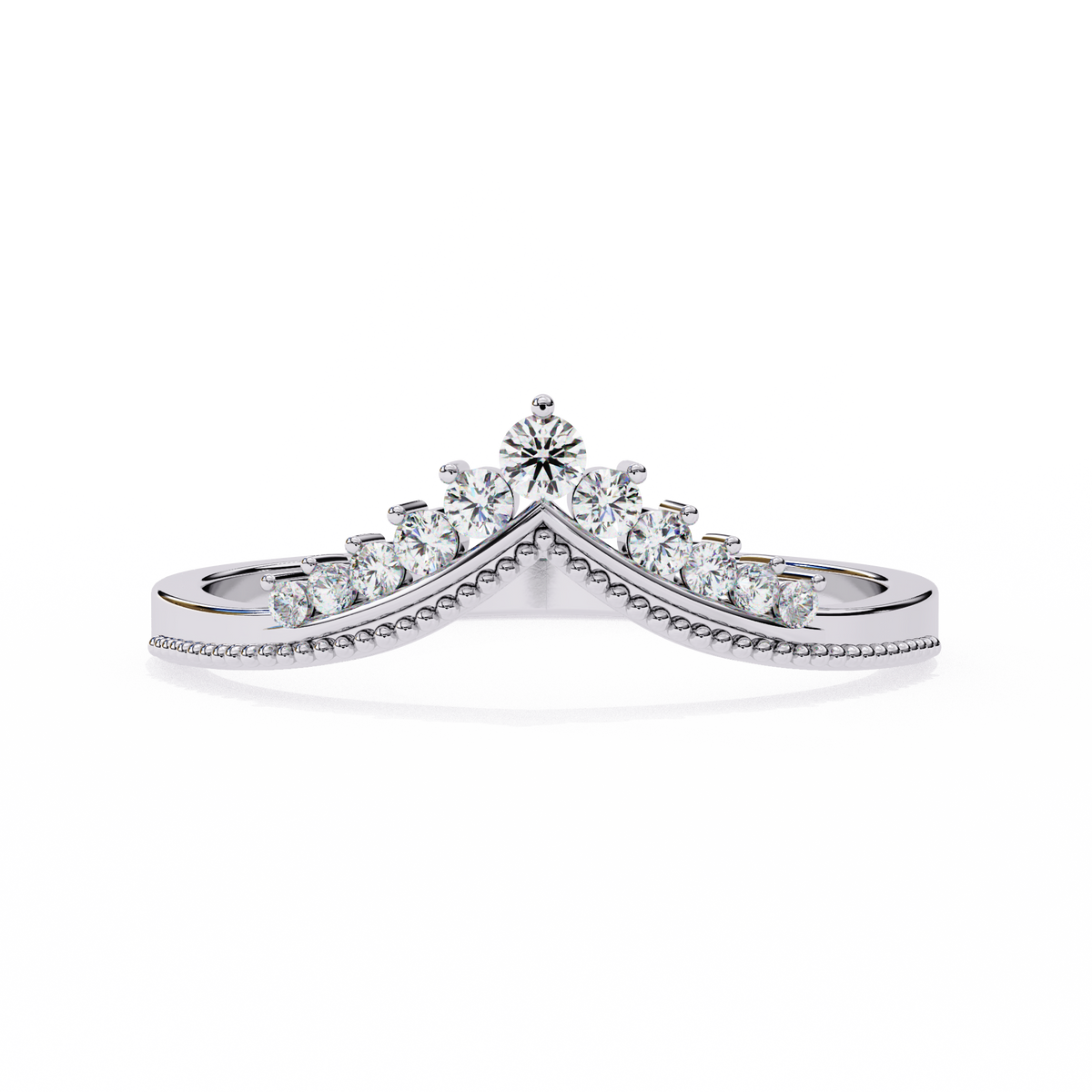 White Gold Round Diamond Crown Tiara Milgrain Band Ring