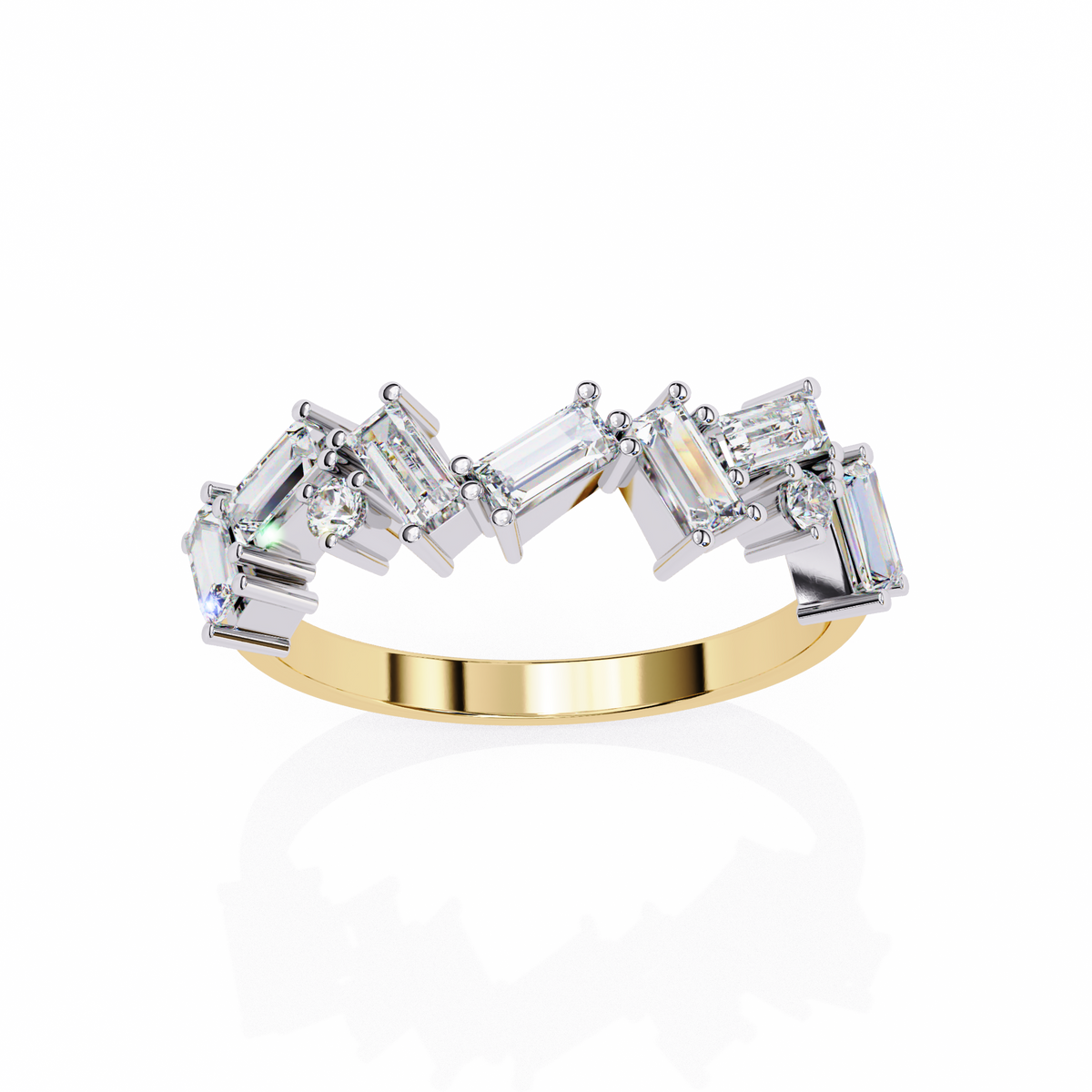 Yellow Gold Zigzag Baguette & Round Diamond Band Ring
