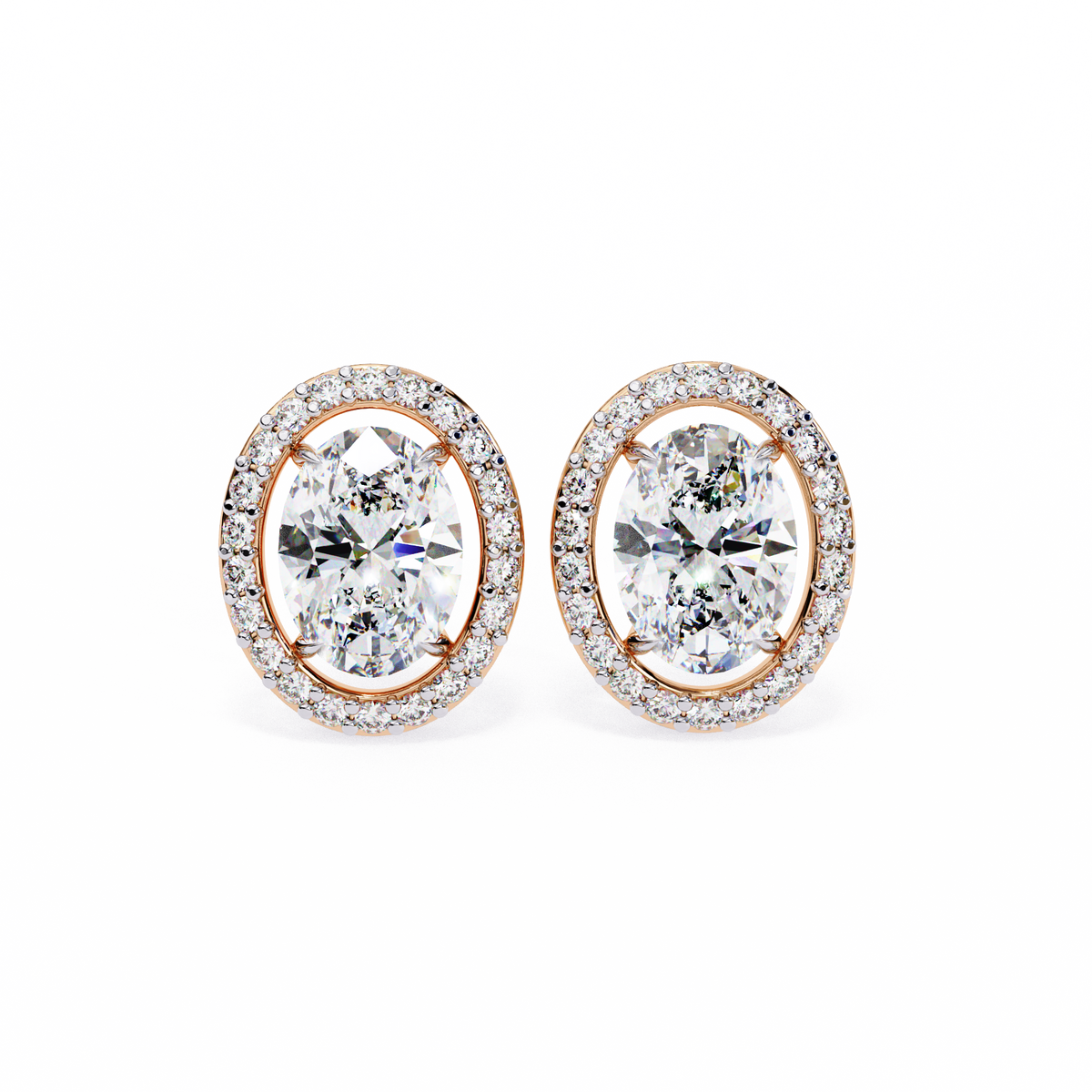 Rose Gold Oval Cut Diamond Open Halo Stud Earring