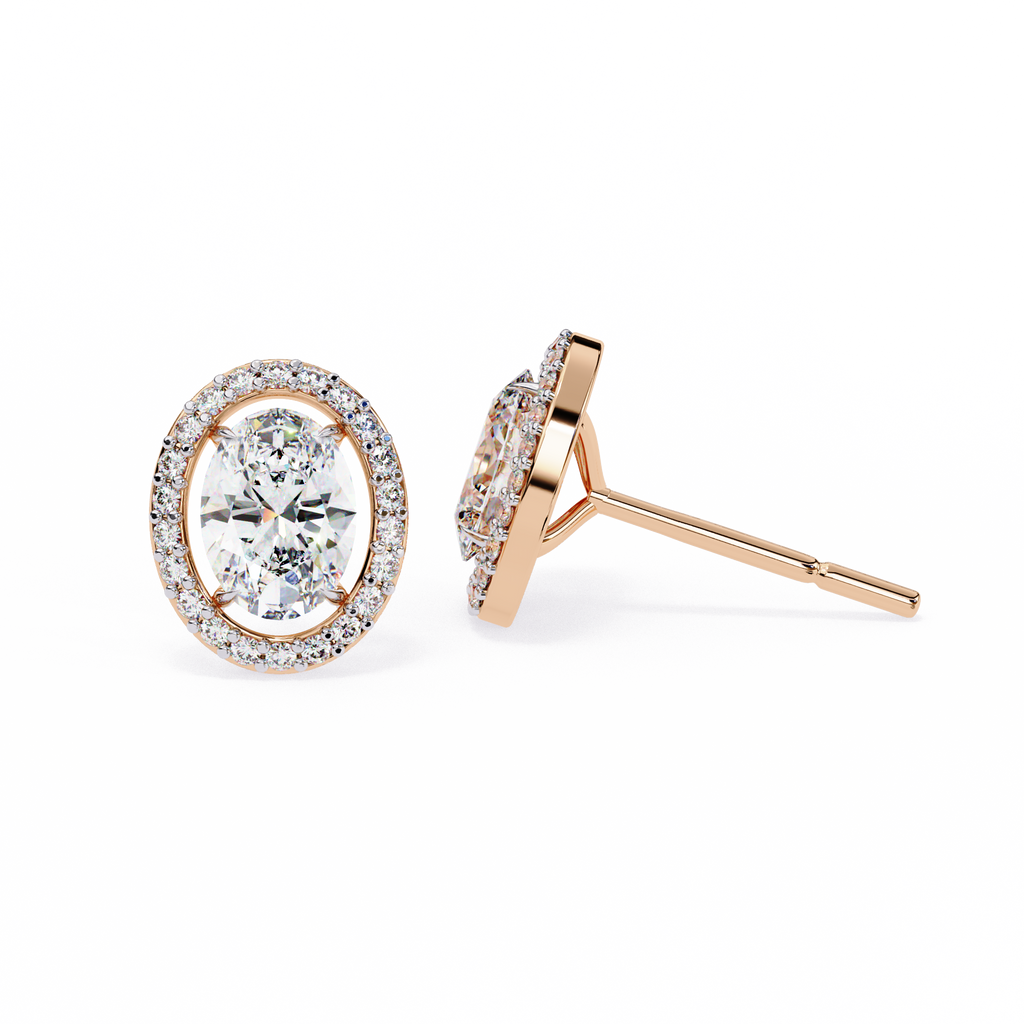 Rose Gold Oval Cut Diamond Open Halo Stud Earring