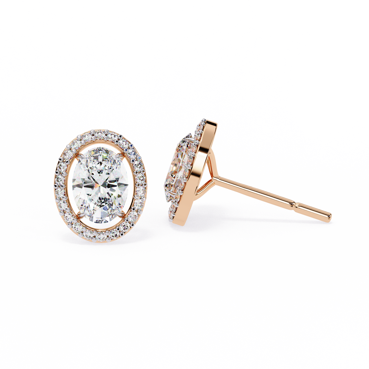 Rose Gold Oval Cut Diamond Open Halo Stud Earring