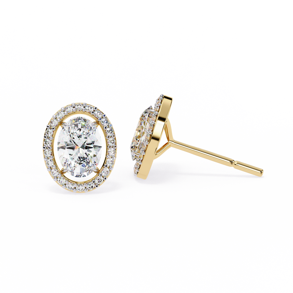 Yellow Gold Oval Cut Diamond Halo Stud Earring