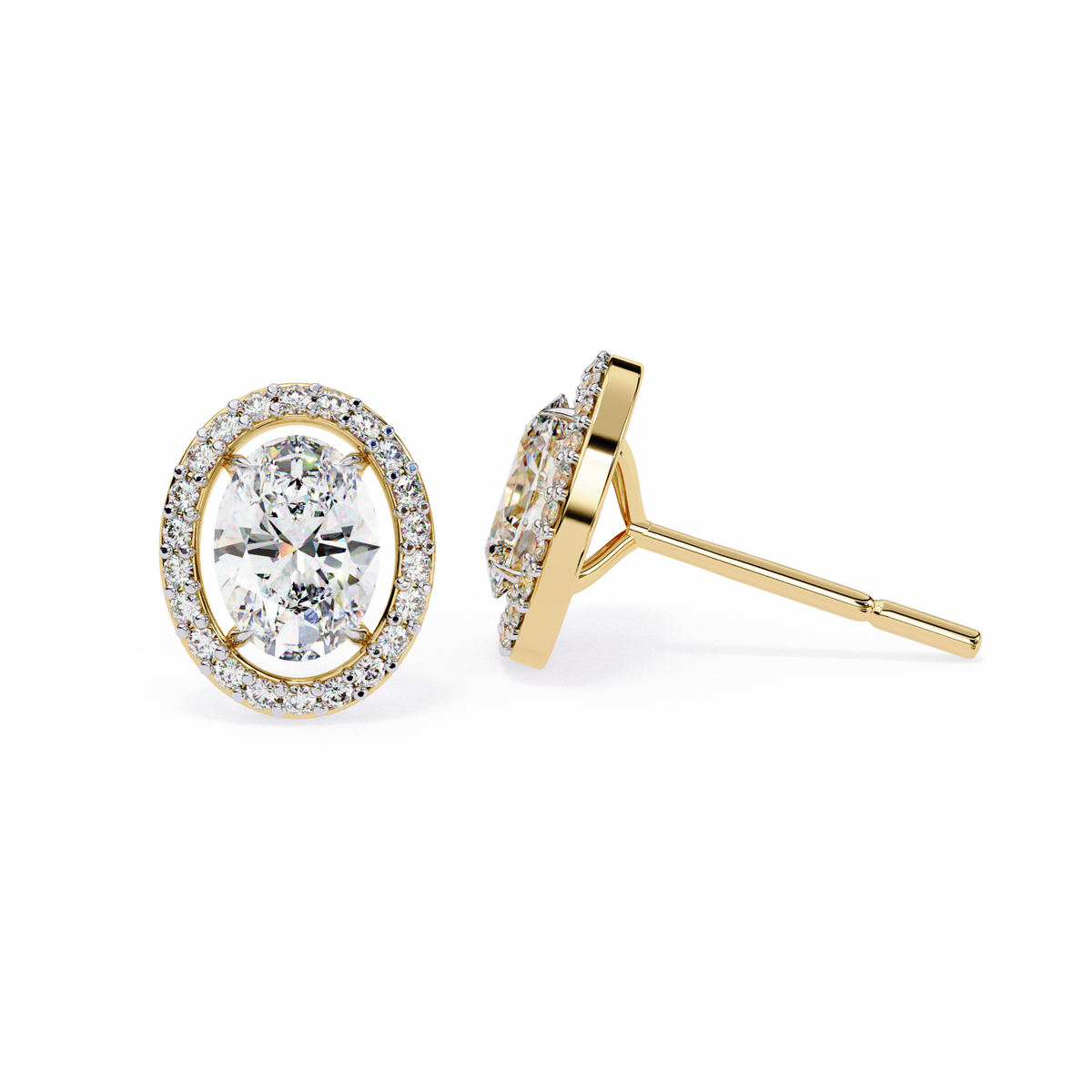 Yellow Gold Oval Cut Diamond Halo Stud Earring