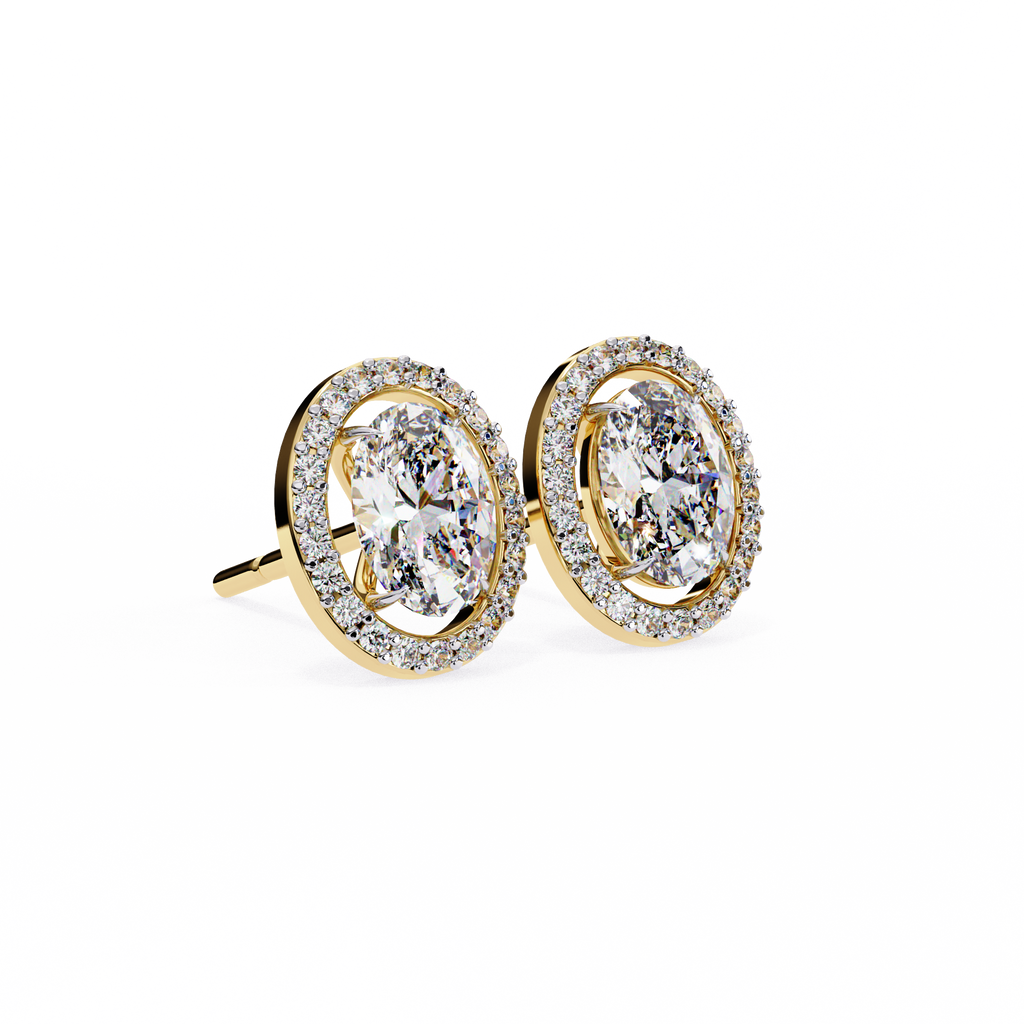 Yellow Gold Oval Cut Diamond Halo Stud Earring