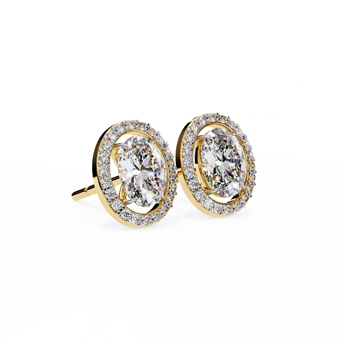 Yellow Gold Oval Cut Diamond Halo Stud Earring