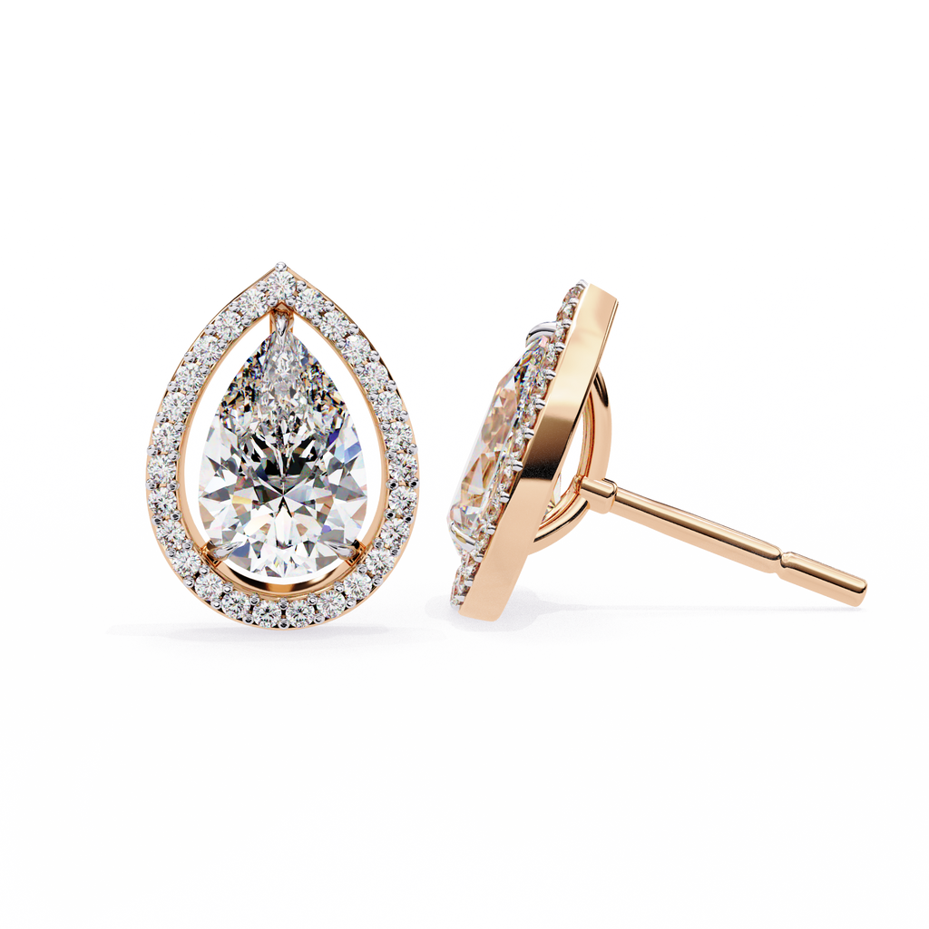 Rose Gold Pear Cut Diamond Open Halo Stud Earrings