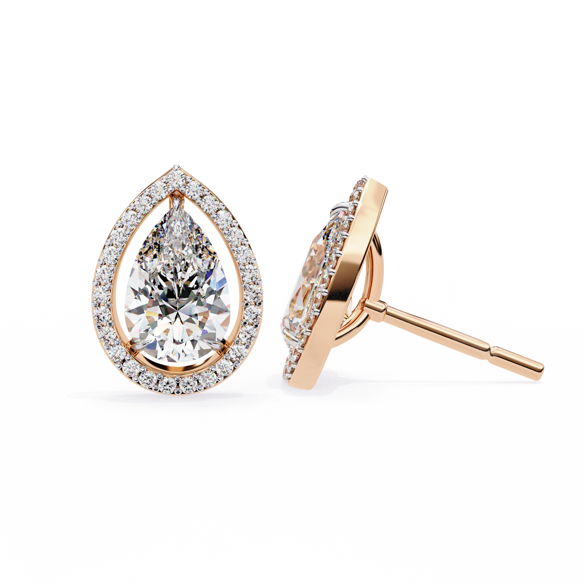 Rose Gold Pear Cut Diamond Open Halo Stud Earrings