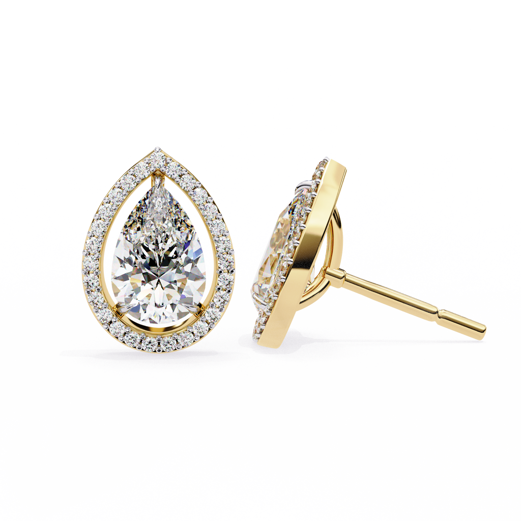 Yellow Gold Pear Cut Diamond Open Halo Stud Earring
